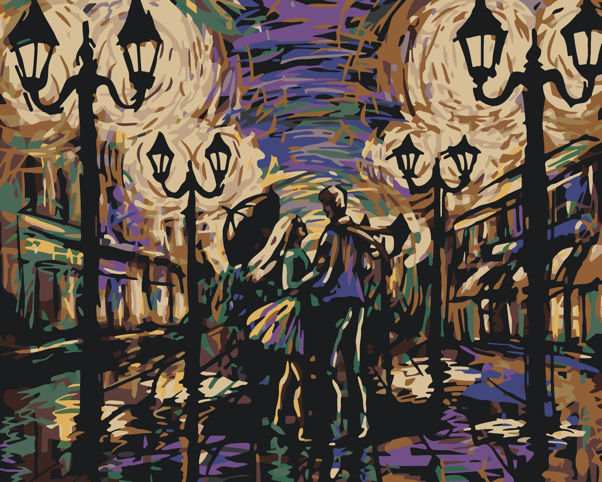 a painting of a man walking down a street at night