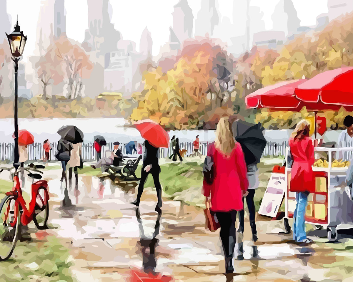 a painting of people walking in the rain with umbrellas