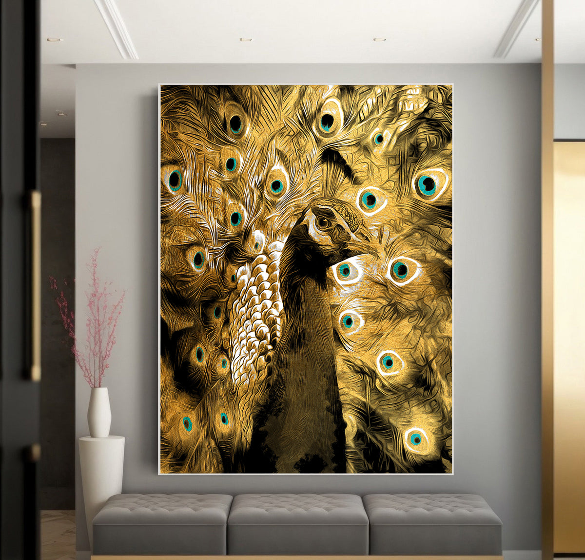 Canvas Painting - Peacock with Golden Feathers