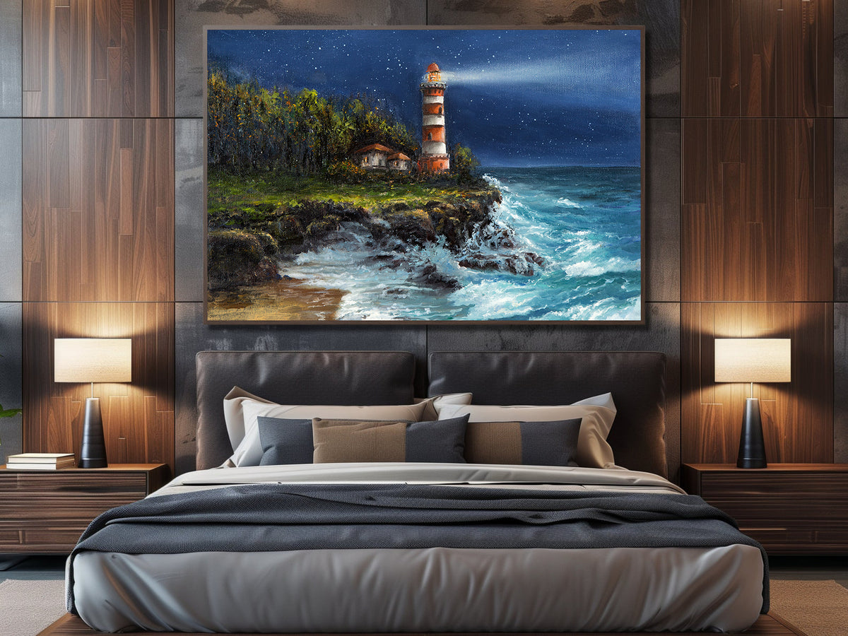 Canvas Painting - Lighthouse at Sea at Night