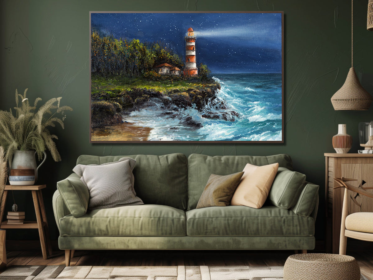 Canvas Painting - Lighthouse at Sea at Night
