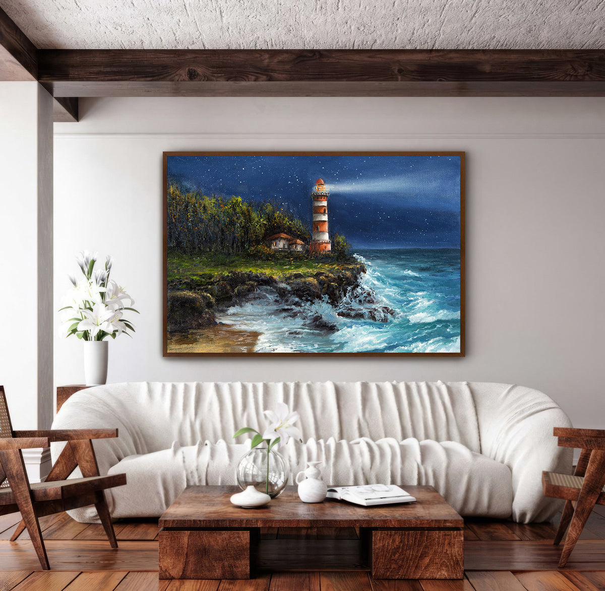 Canvas Painting - Lighthouse at Sea at Night