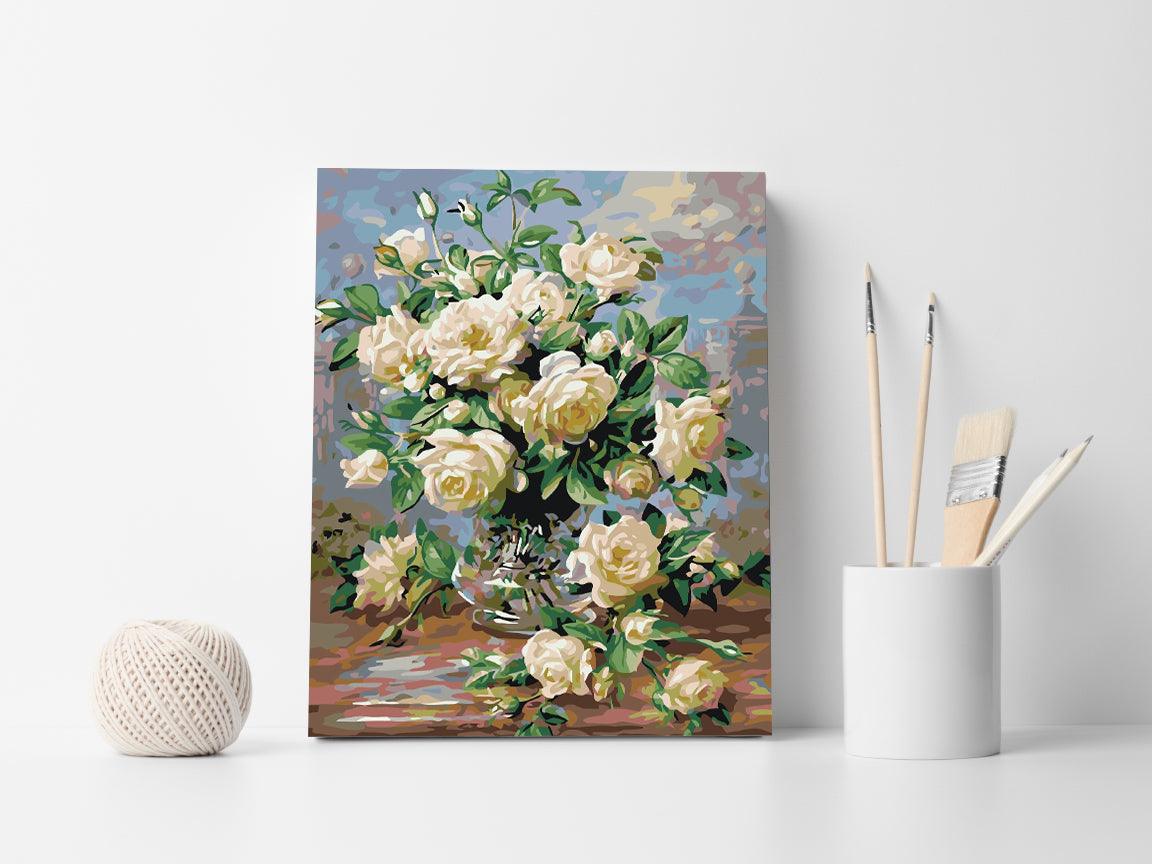 a painting of white roses in a vase