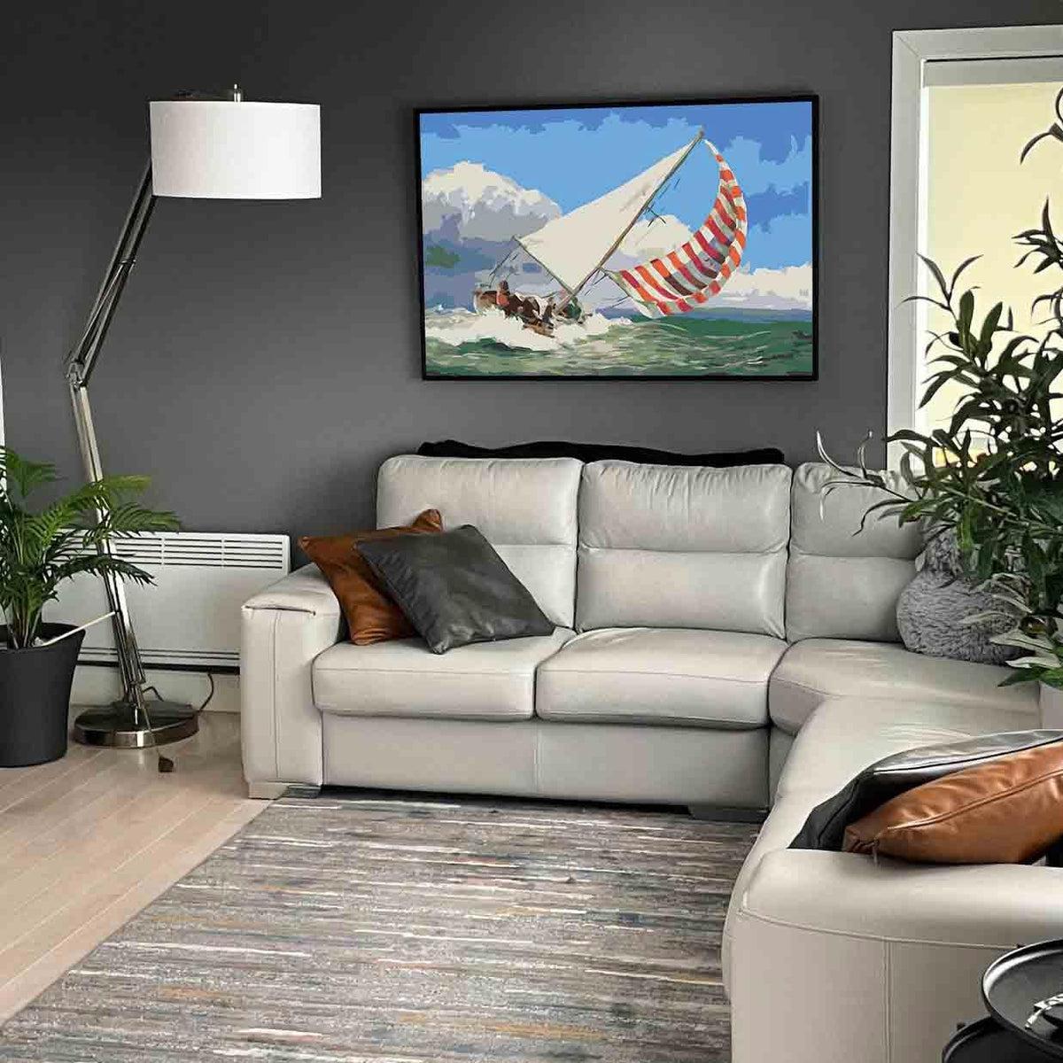 a painting of a sailboat in the ocean