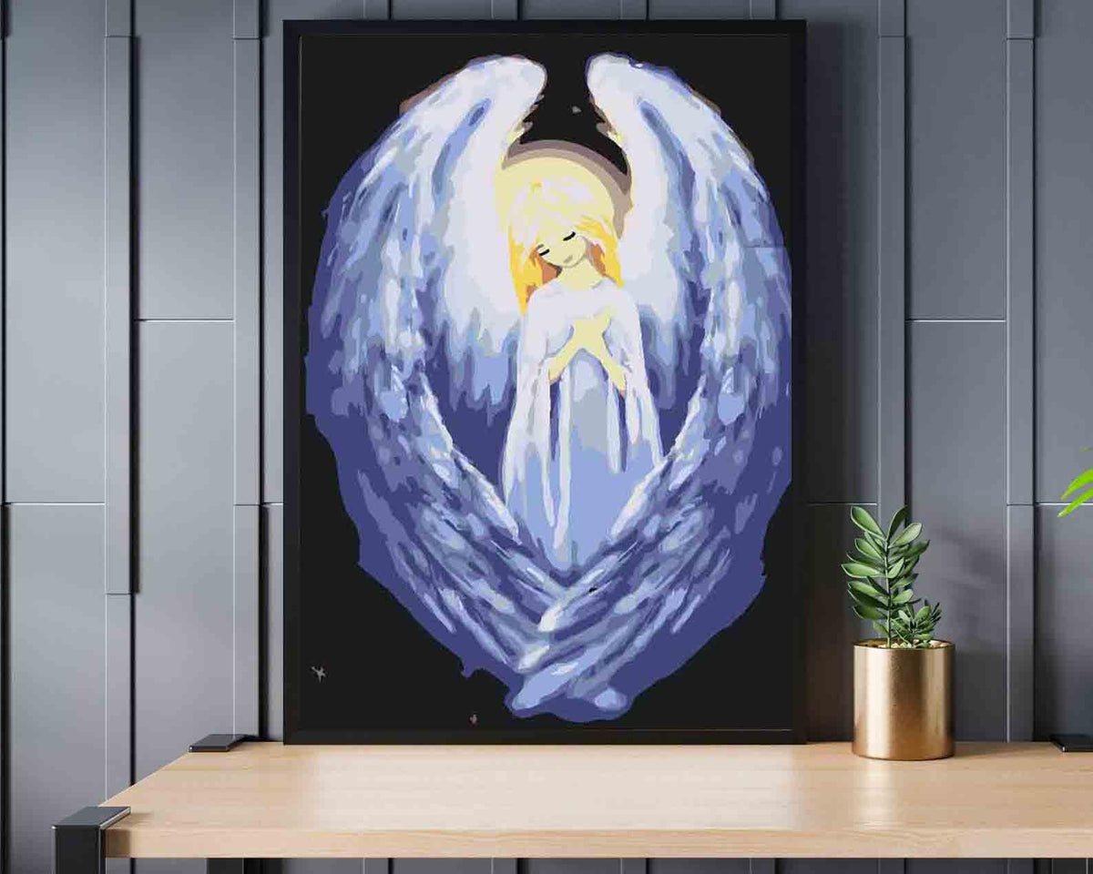 Blue and white ceramic coffee cup with a saucer