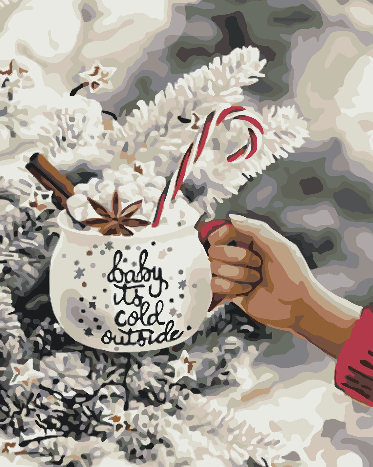 a painting of a person holding a mug with a candy cane in it