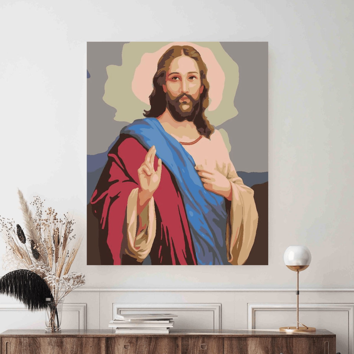 Colectie tablouri pe numere - Religioase: Setul include vopsele numerotate, 3 pensule, panza numerotata, agatatoare, imagine de control si pachet pentru impachetat. Optional, poate avea sasiu pentru inramare.