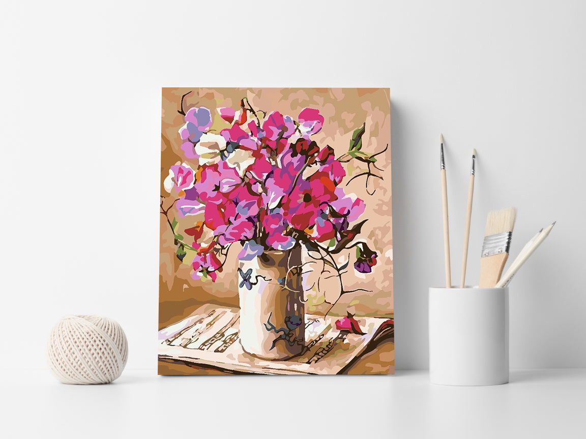 Pictura pe numere - Flori Roz in Vaza 4375