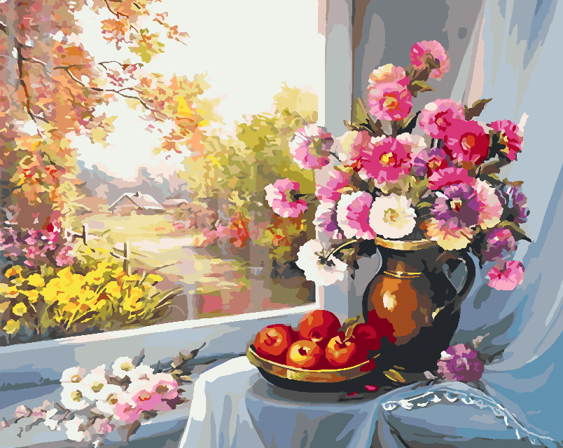 Pictura pe numere - Flori Roz in Vaza 4395