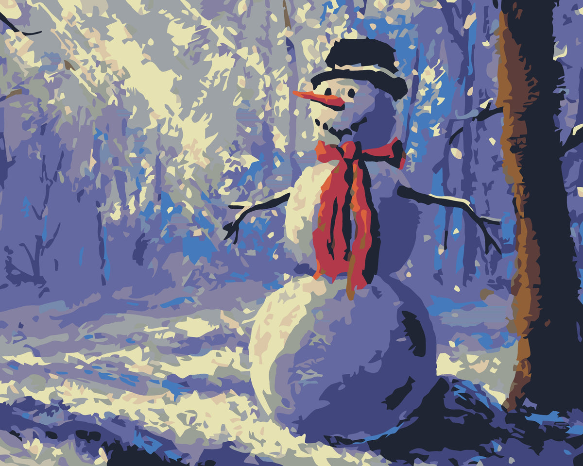 a painting of a snowman in the woods