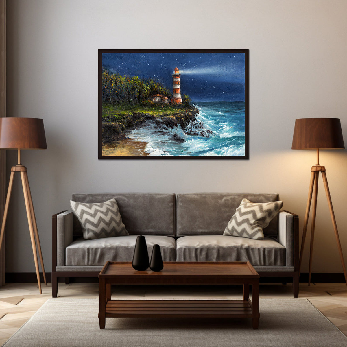 Canvas Painting - Lighthouse at Sea at Night