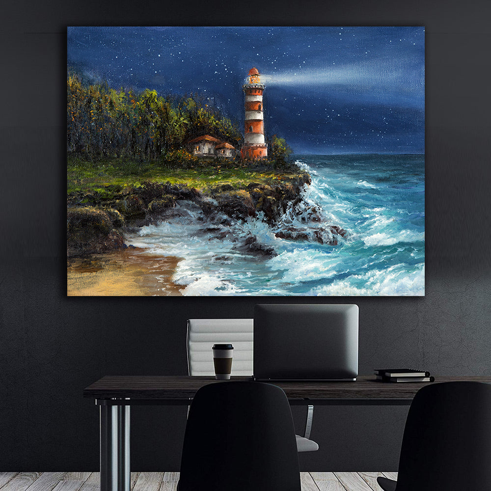 Canvas Painting - Lighthouse at Sea at Night