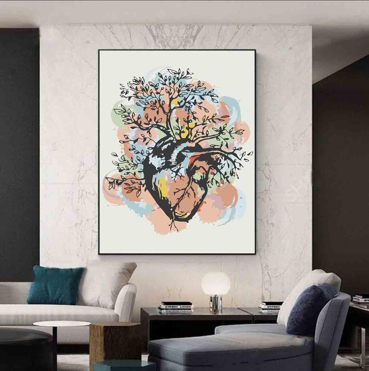 a living room filled with furniture and a painting on the wall